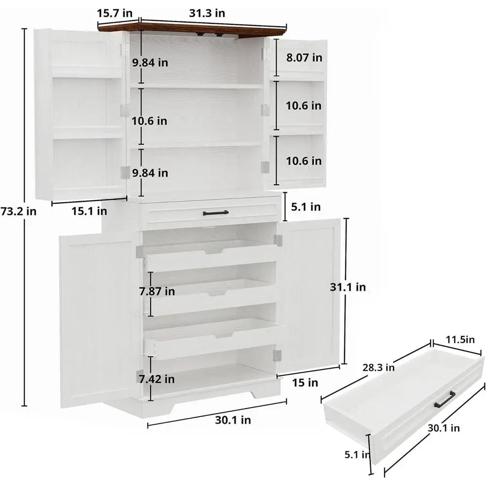 72 Tall Kitchen Storage Cabinet with Sliding Rack and 6 Hanging Shelves, White