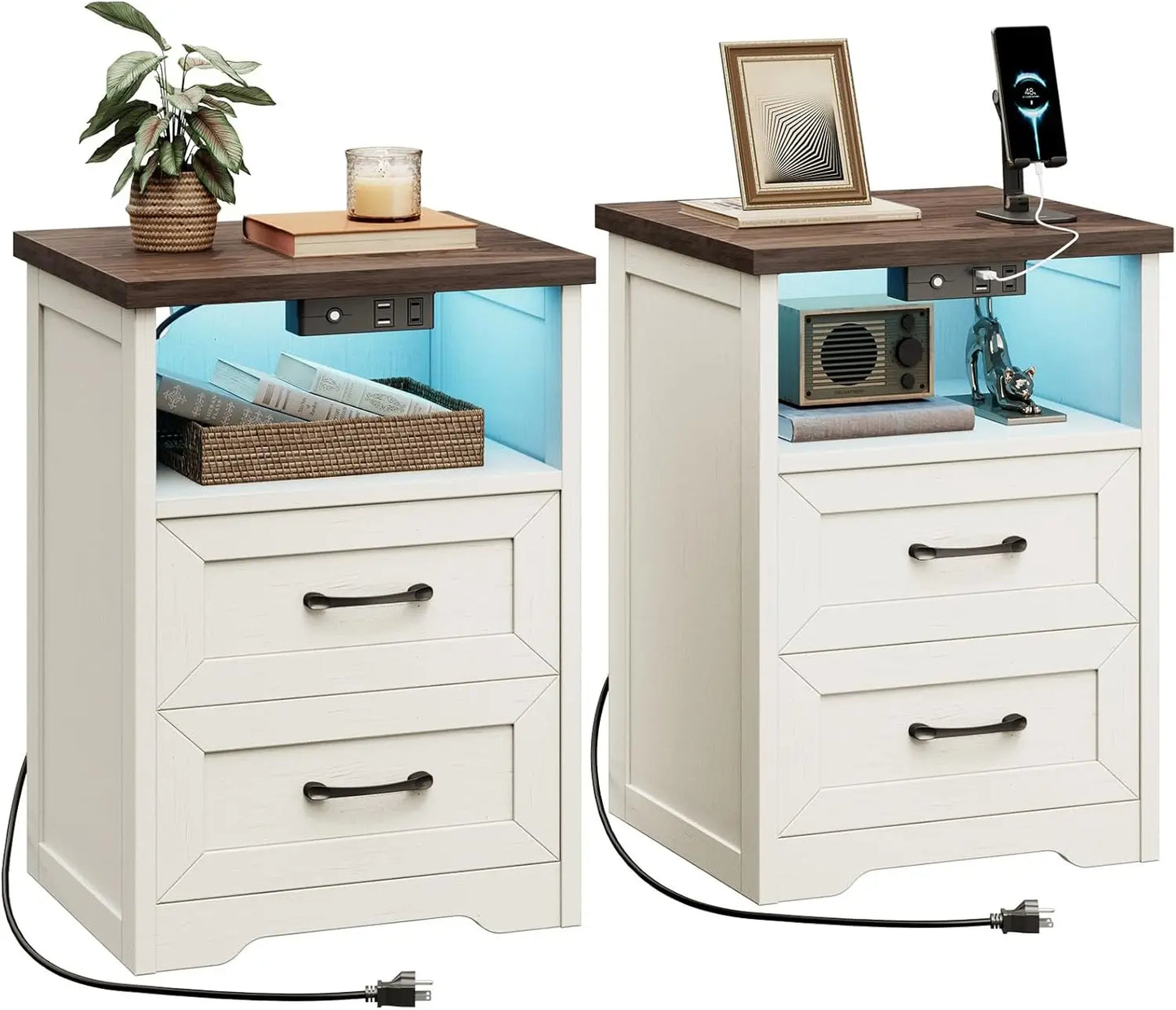 Farmhouse Nightstand Set of 2 With LED Lights and USB