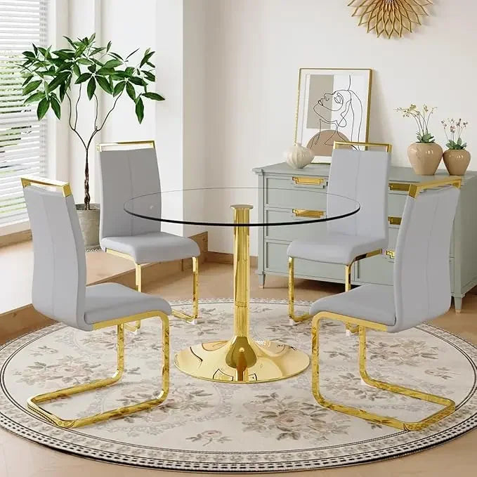 Round Glass Dining Table Set For Four With Metal Legs