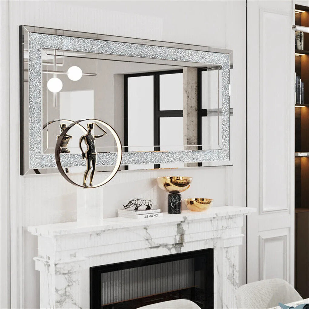 Crystal Crush Diamond Wall Mirror Rectangular Silver Frame For Bathroom