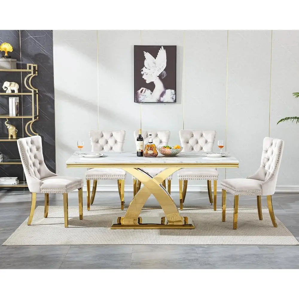 7-Piece Dining Set With Chairs And Marble-Look Table
