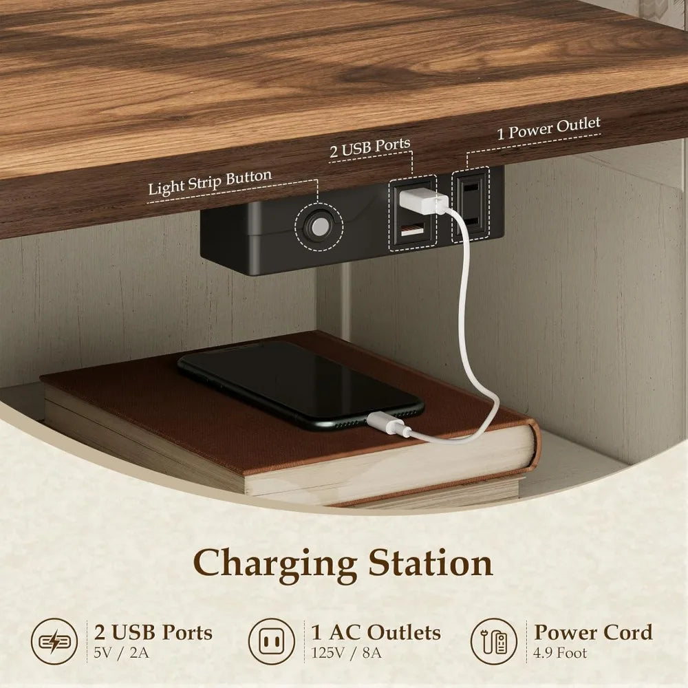Farmhouse Nightstand Set of 2 With LED Lights and USB