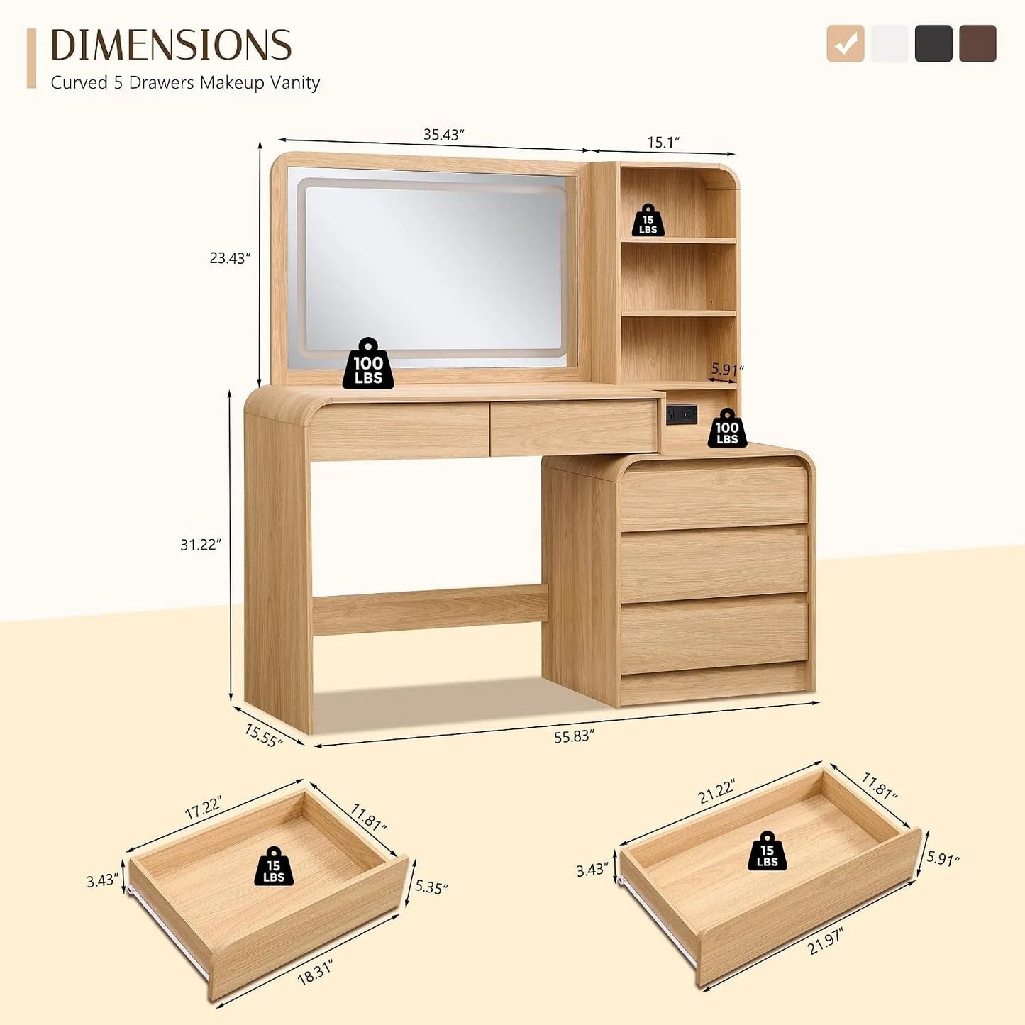 Modern Makeup Vanity With LED Mirror And Five Drawers
