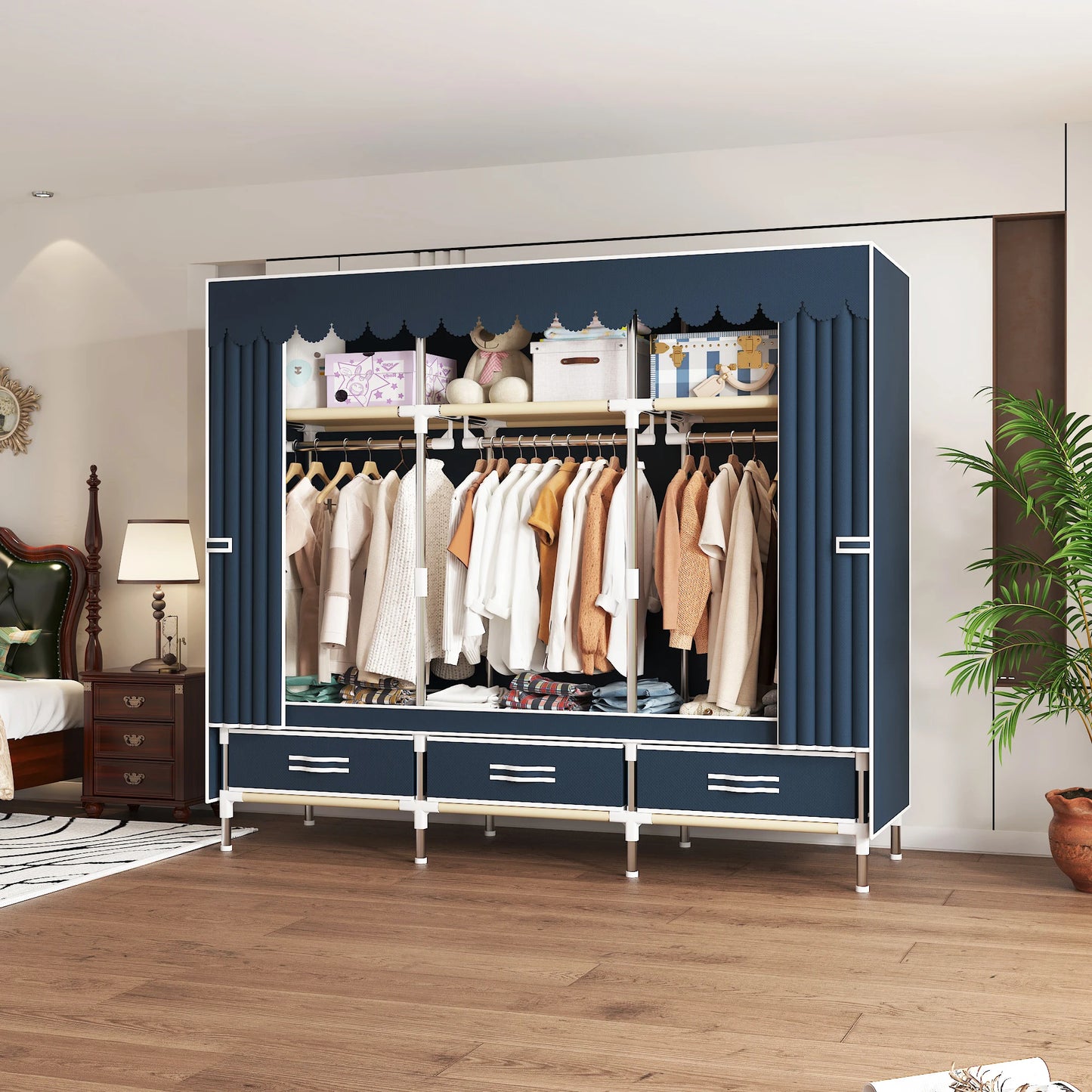 ArluKin Portable Wardrobe Closet With Steel Frame Nonwoven Dust Cover