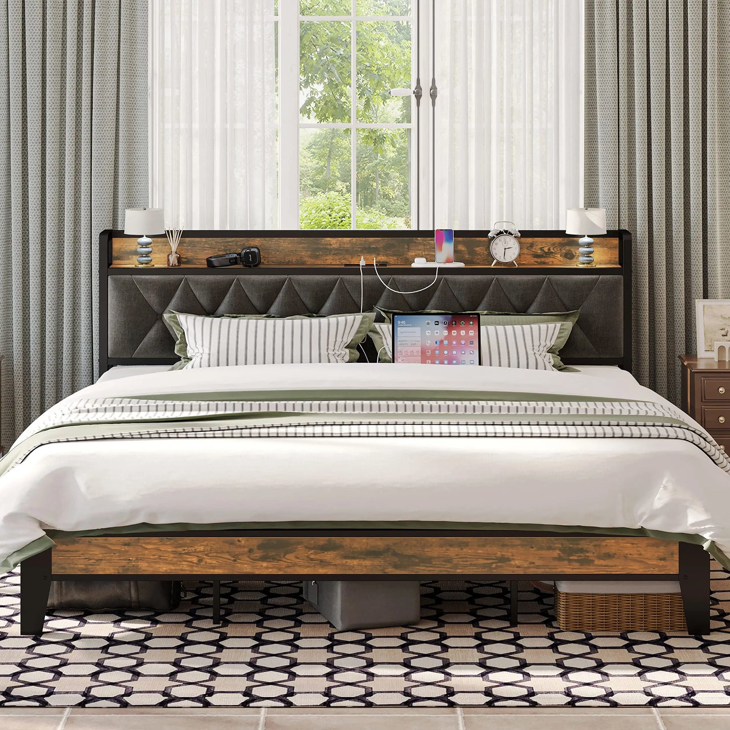 ANCTOR Storage Headboard Bed Frame With Outlets Quiet Design