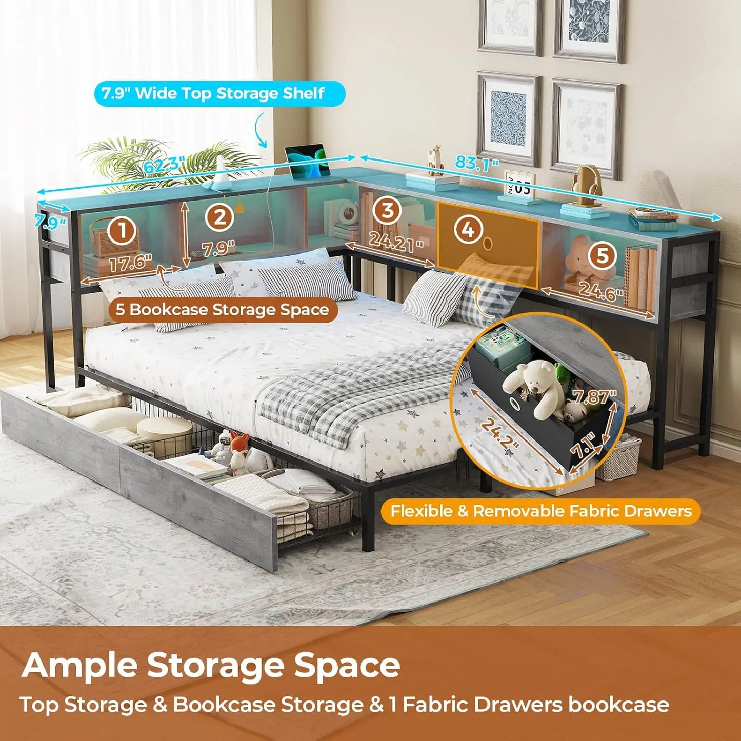 Corner Full Bed Frame With LED Bookcase And Charging Station Daybed