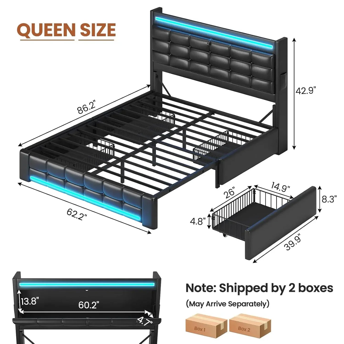 Queen Bed Frame With Storage Headboard And LED Charging Station