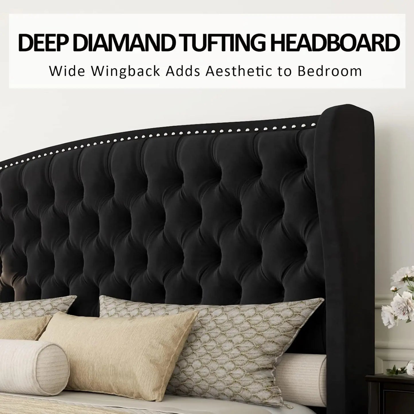 Velvet Platform Bed Frame With Deep Button Tufted Headboard Nailhead Trim