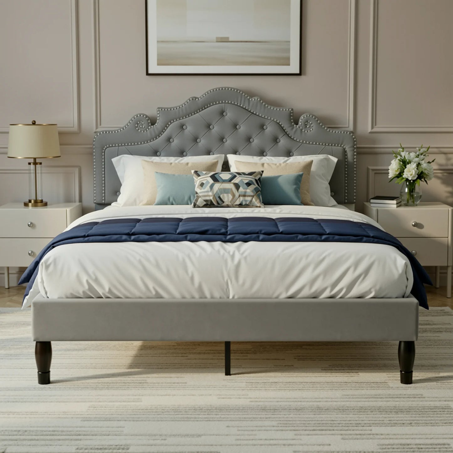 Hoomic Velvet Bed Frame With Adjustable Tiara Headboard
