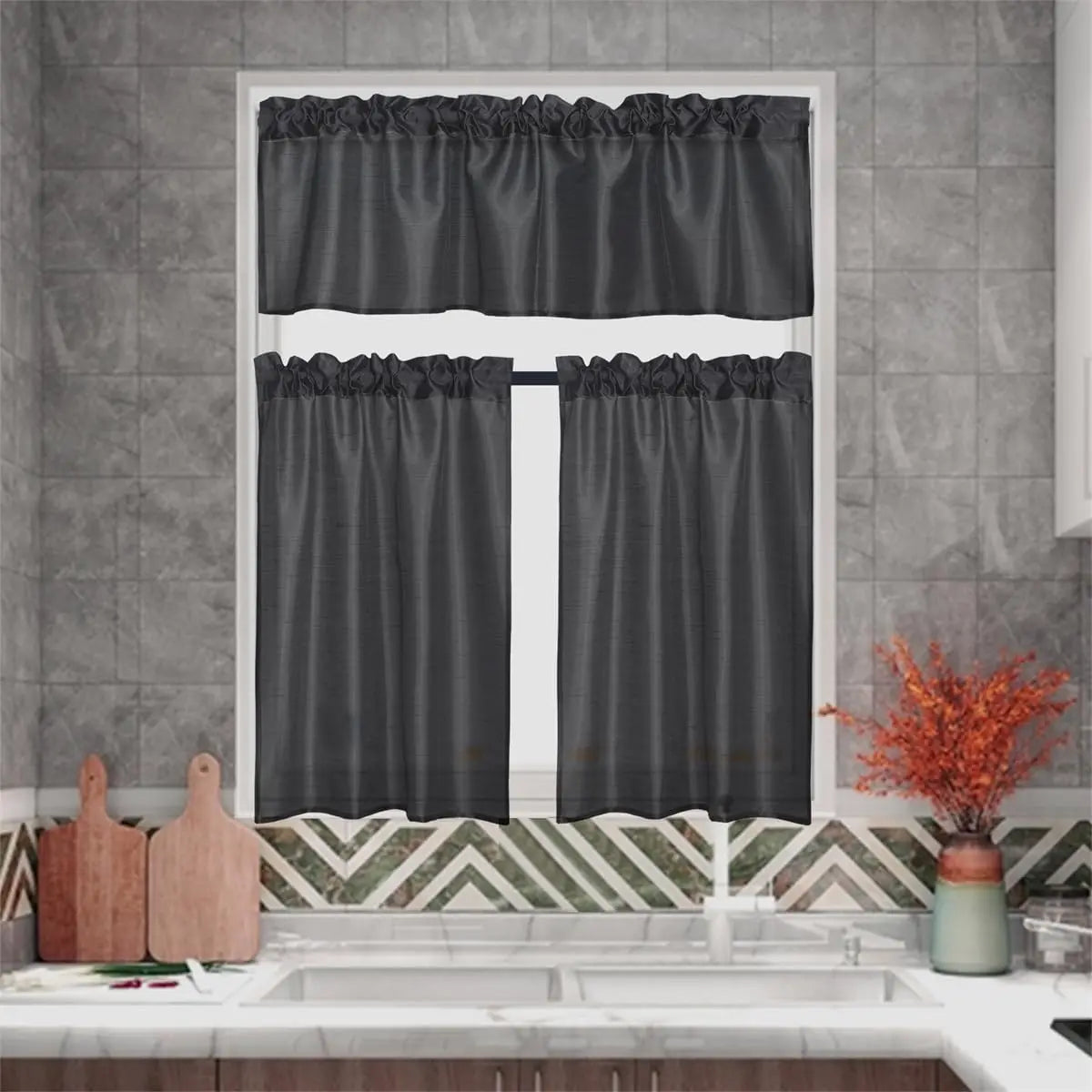 Three Panel Rod Pocket Faux Silk Sheer Curtains With Valance