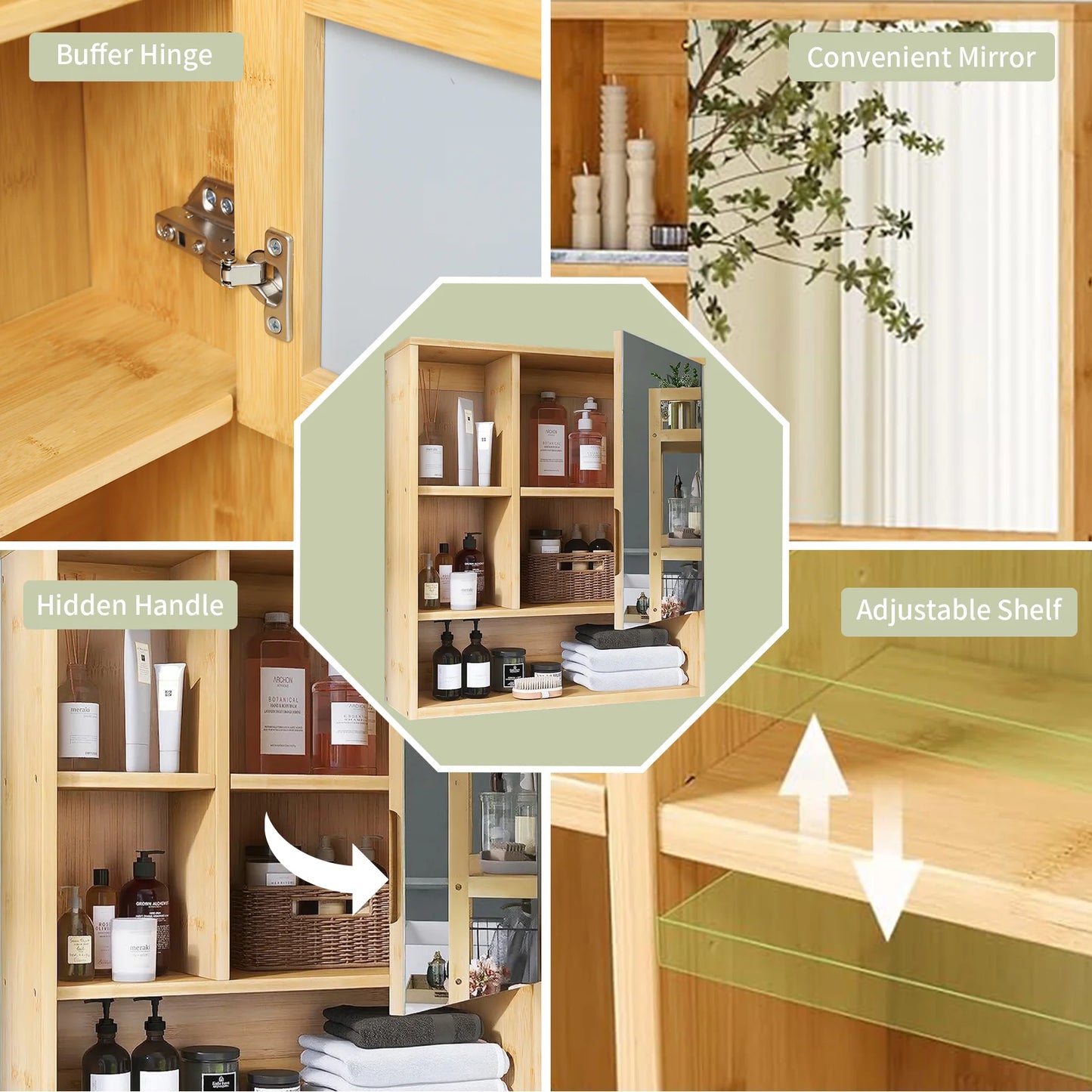 Natural Bamboo Wall Bathroom Medicine Cabinet With Five Shelf Storage