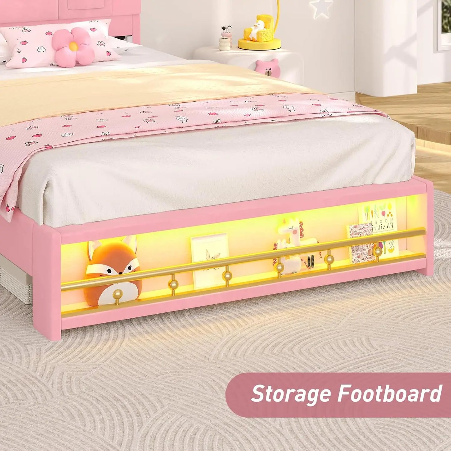 Upholstered Platform Bed With Storage Headboard LED USB Ports