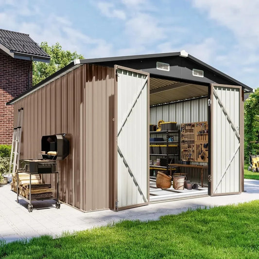 Heavy-Duty Galvanized Steel Outdoor Storage Shed With Lockable Double Doors