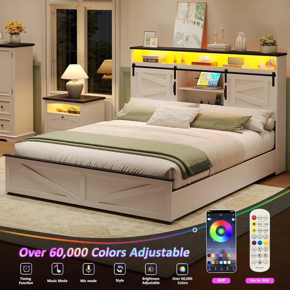 XIAOLANG Farmhouse Bed Frame With Four Drawers And Bookcase Headboard