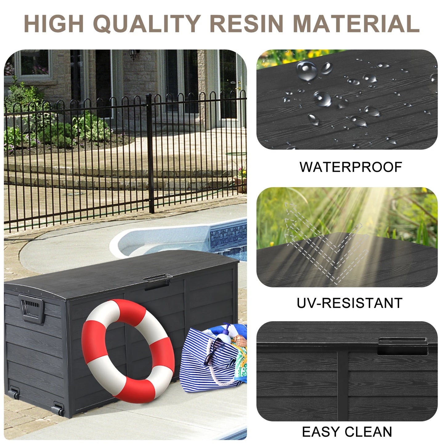 Plastic 280L Garden Storage Box With Wheels Lockable Deck Chest