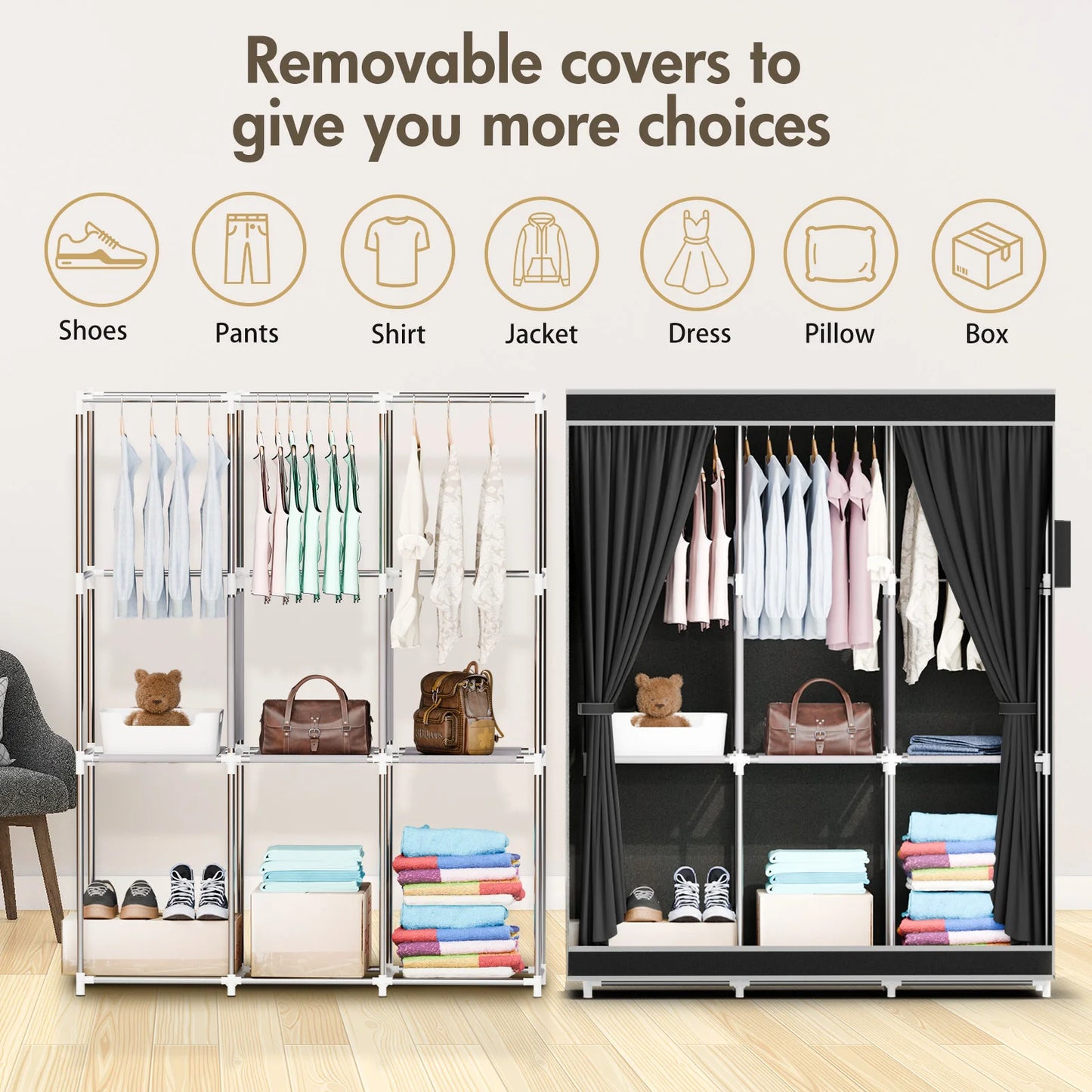 Portable Wardrobe Closet Rack With Nonwoven Fabric Cover