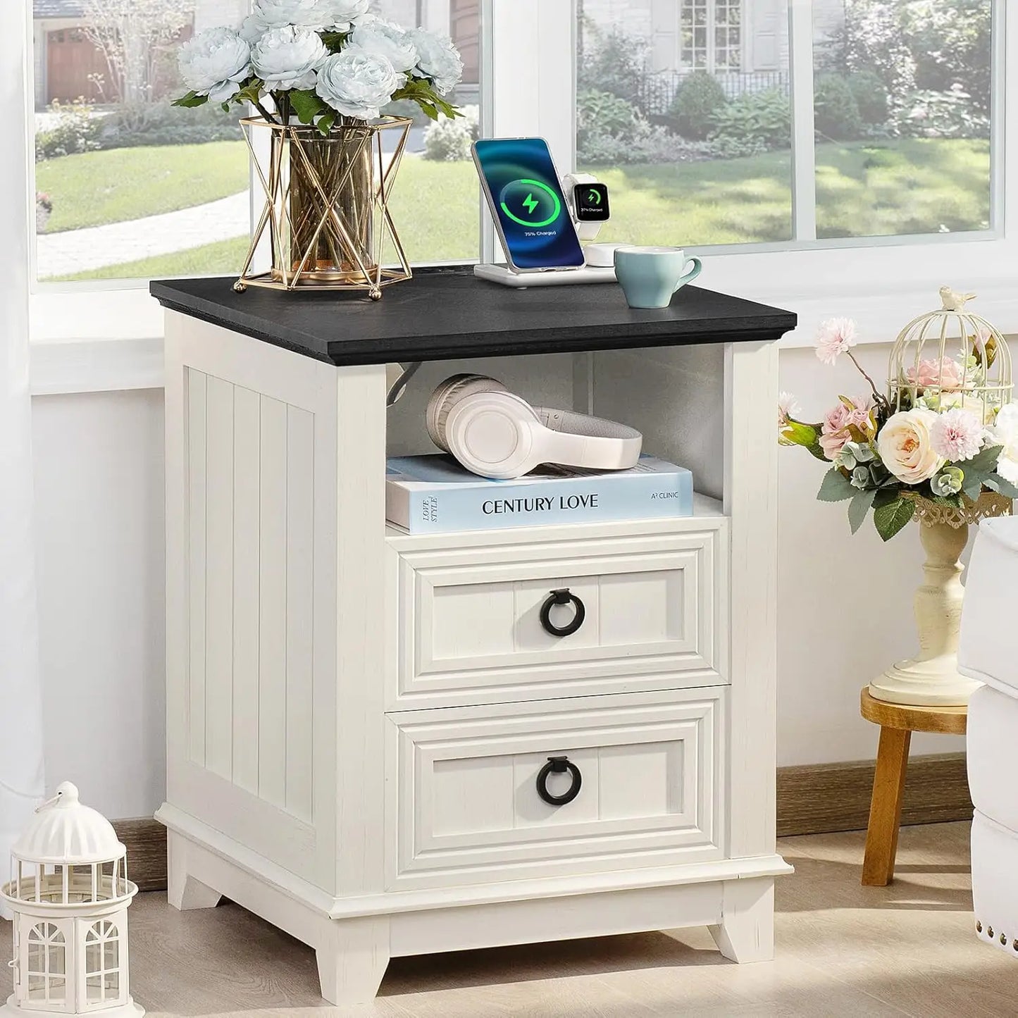 Farmhouse Night Stands Set 2 With Charging Station And Drawers