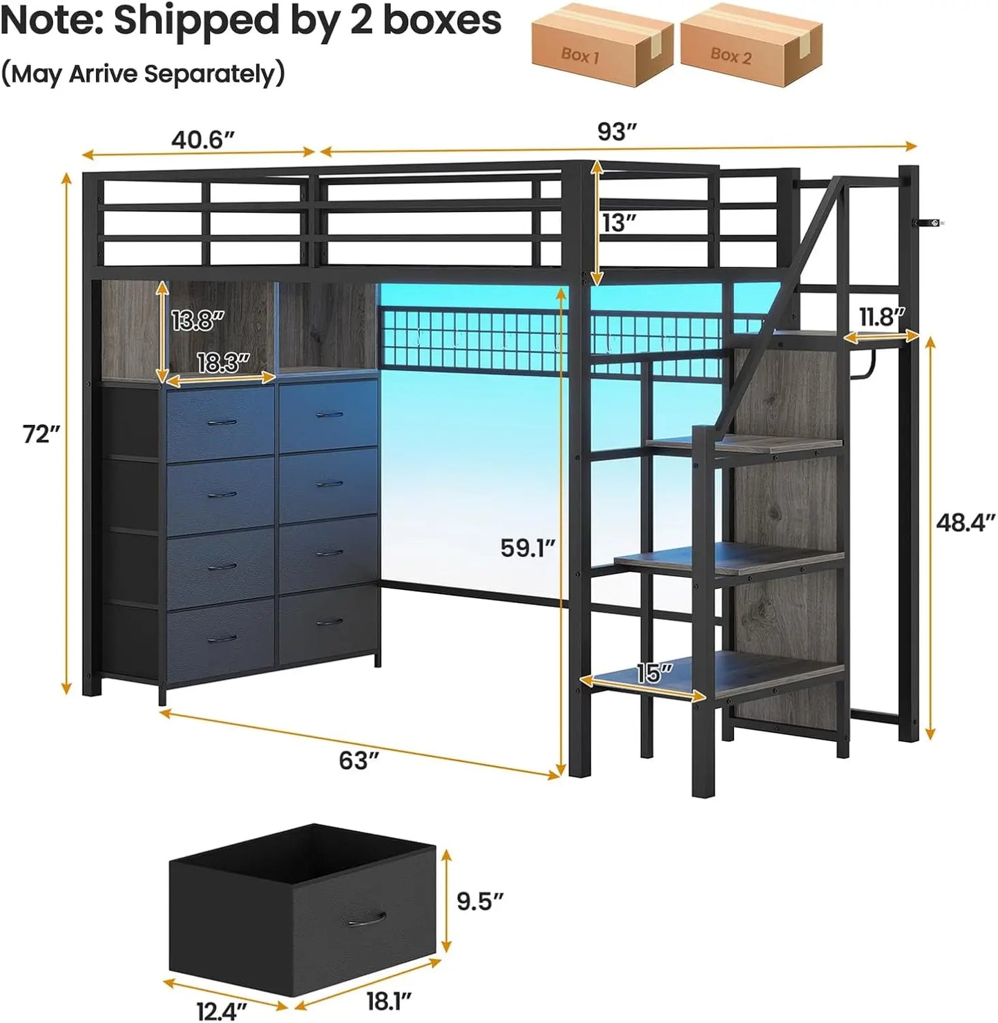 Metal Loft Bed With Storage Stairs LED Lights And Shelves