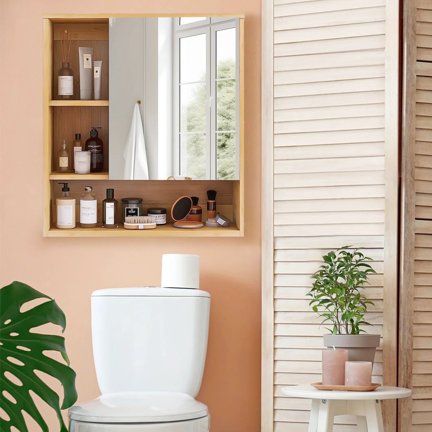 Natural Bamboo Wall Bathroom Medicine Cabinet With Five Shelf Storage