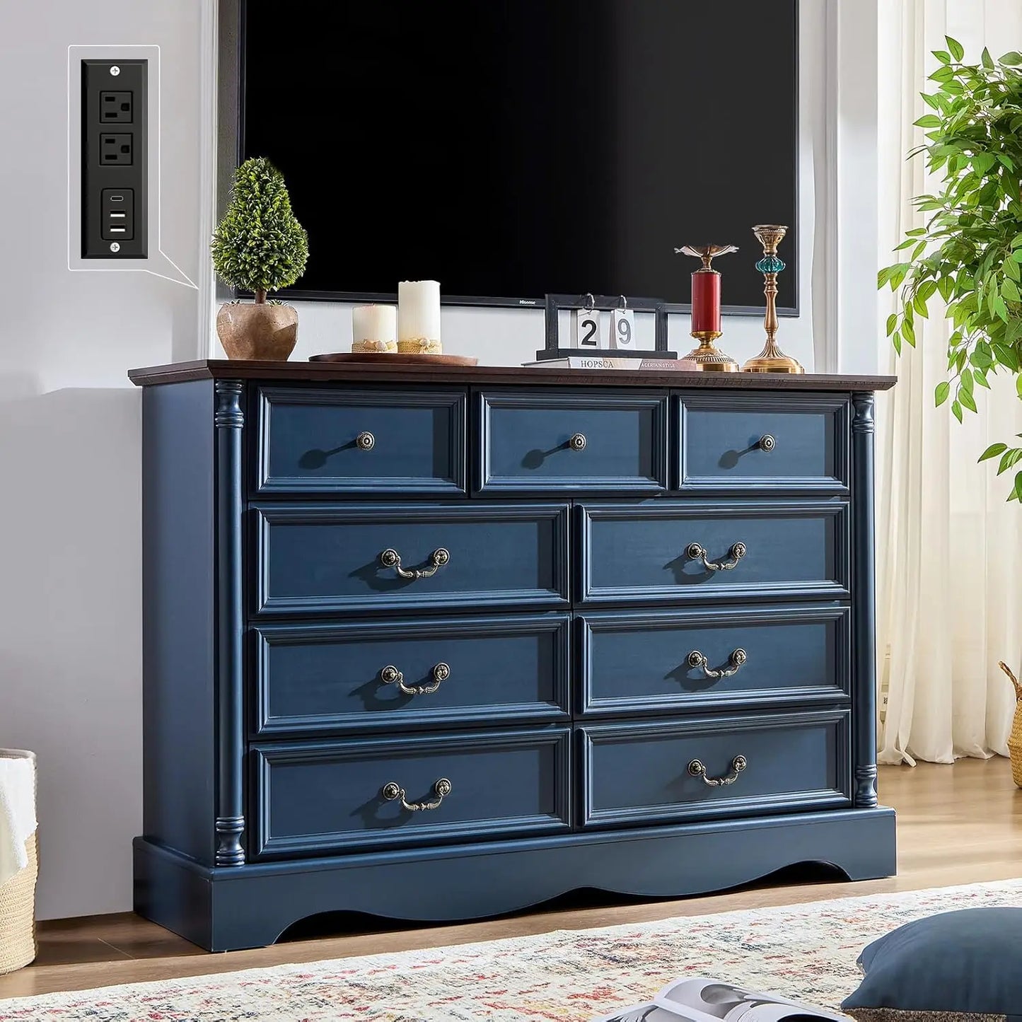 Farmhouse 9 Drawers Dresser for Bedroom with Charging Station, 54" Wide Wood Country Rustic Storage Dressers Organizer