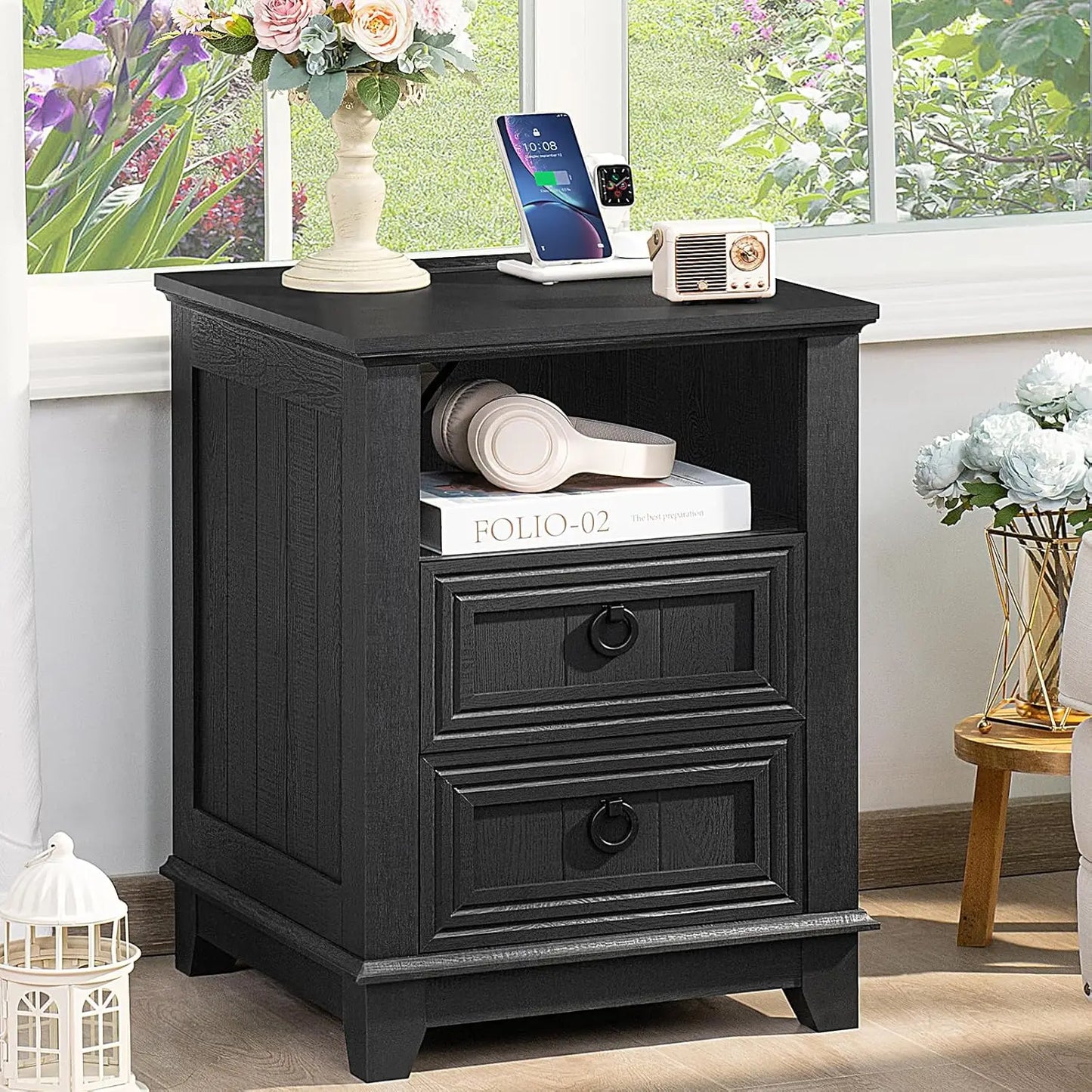 Farmhouse Night Stands Set 2 With Charging Station And Drawers