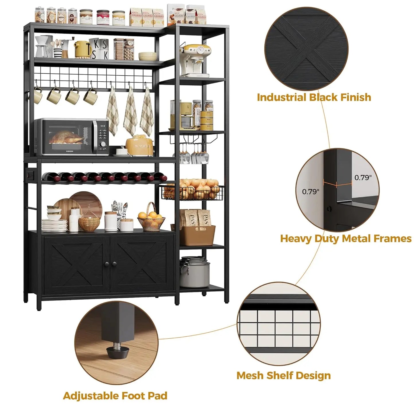 Bakers Rack With Power Outlet And Storage Cabinet Microwave Stand