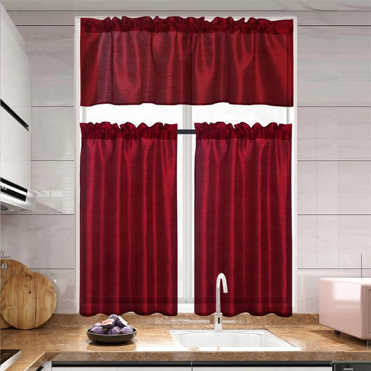 Three Panel Rod Pocket Faux Silk Sheer Curtains With Valance