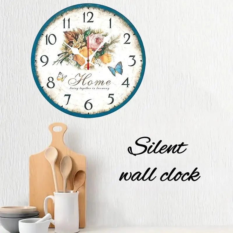 Wooden Round Silent Hanging Wall Clock With 2D Bouquet Design