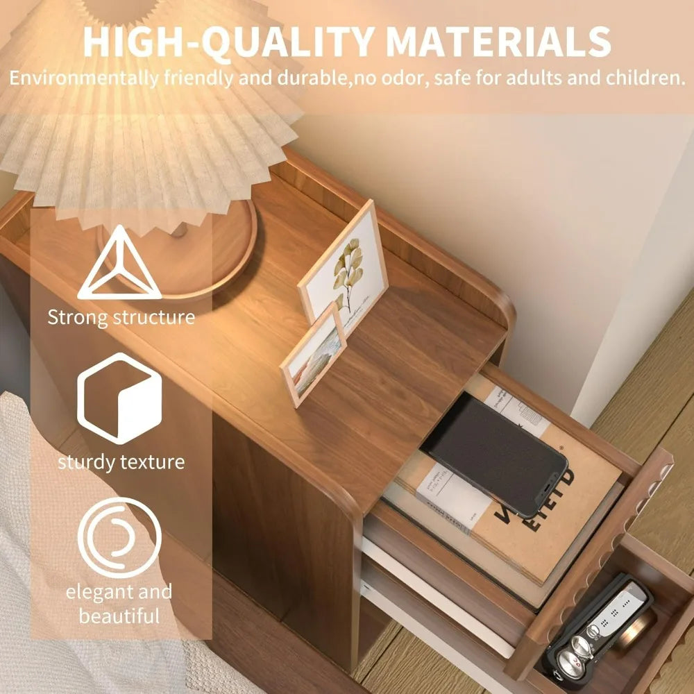 Jluomei Narrow Fluted Wooden Nightstand Two Drawer Bedside Table
