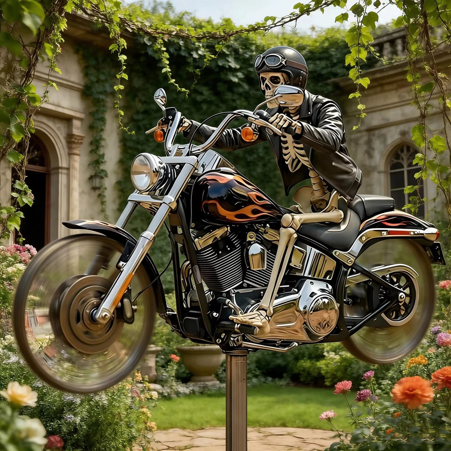 Skeleton Biker Wind Spinner With Rotating Wheel Metal Pinwheel Outdoor Decor