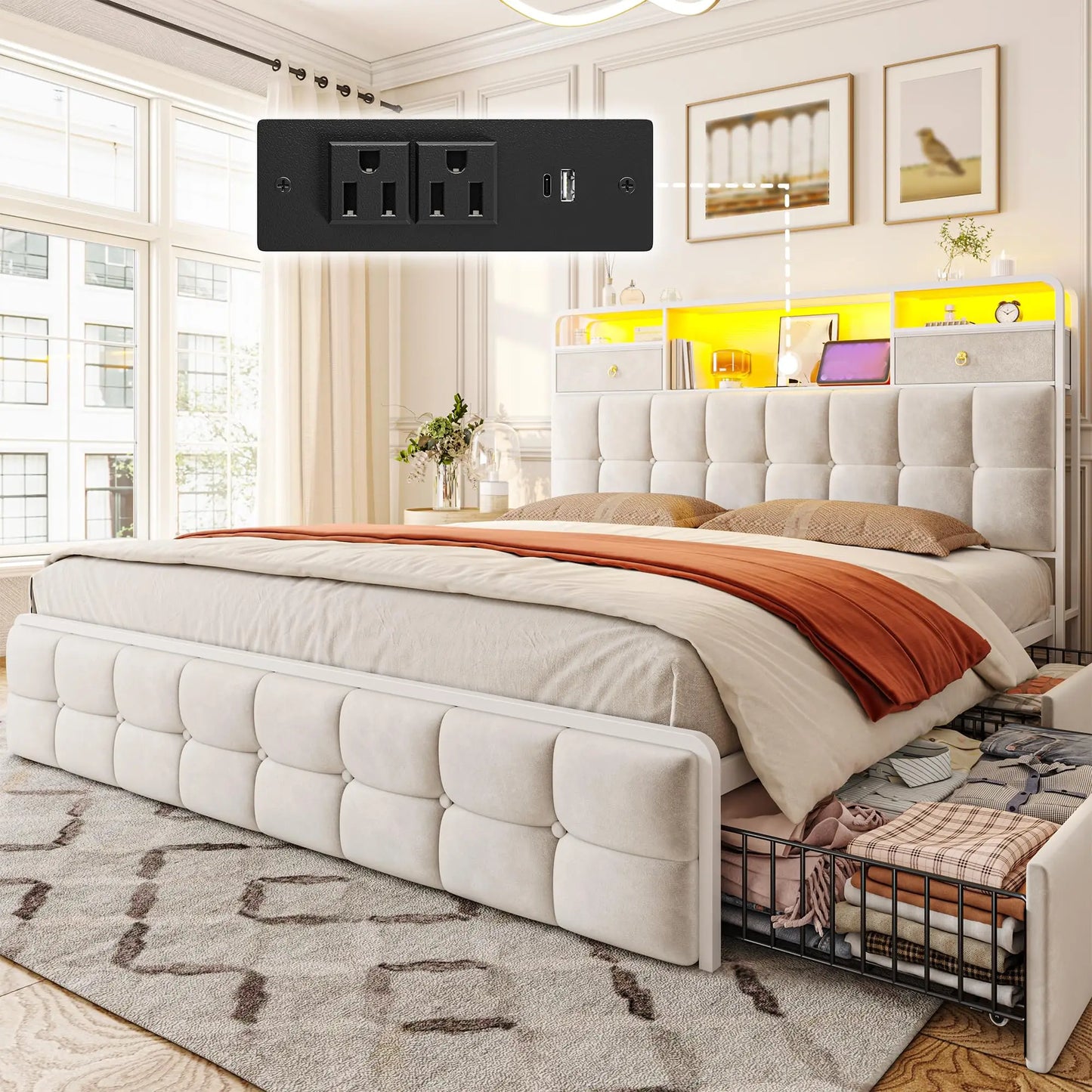 Queen Bed Frame With Storage Drawers And LED Lights