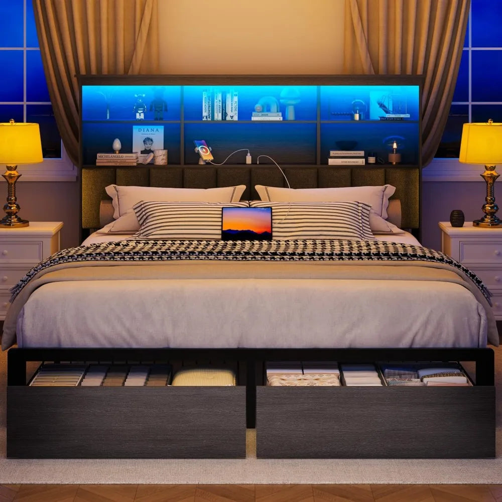 Queen Bed Frame With Storage Headboard And Charging Station