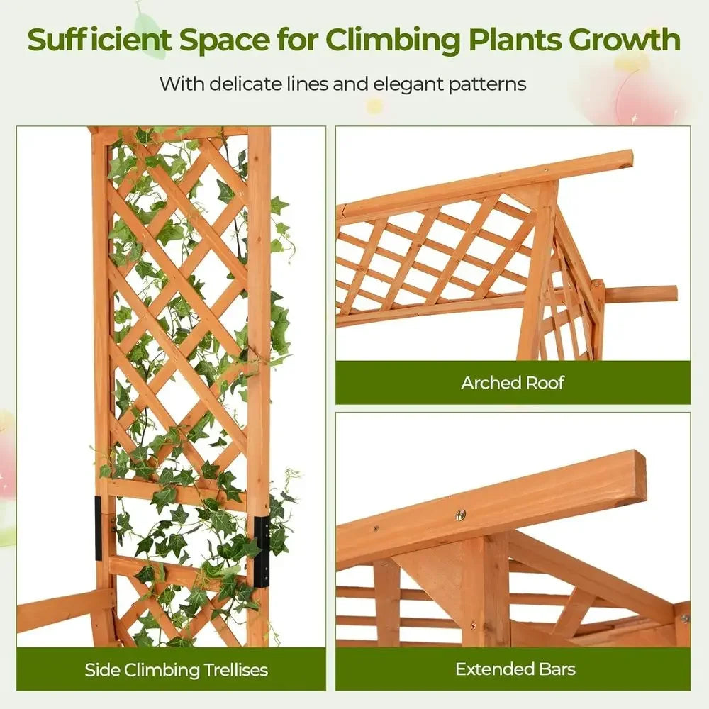 Wooden Garden Arch Trellis With Bench For Climbing Plants