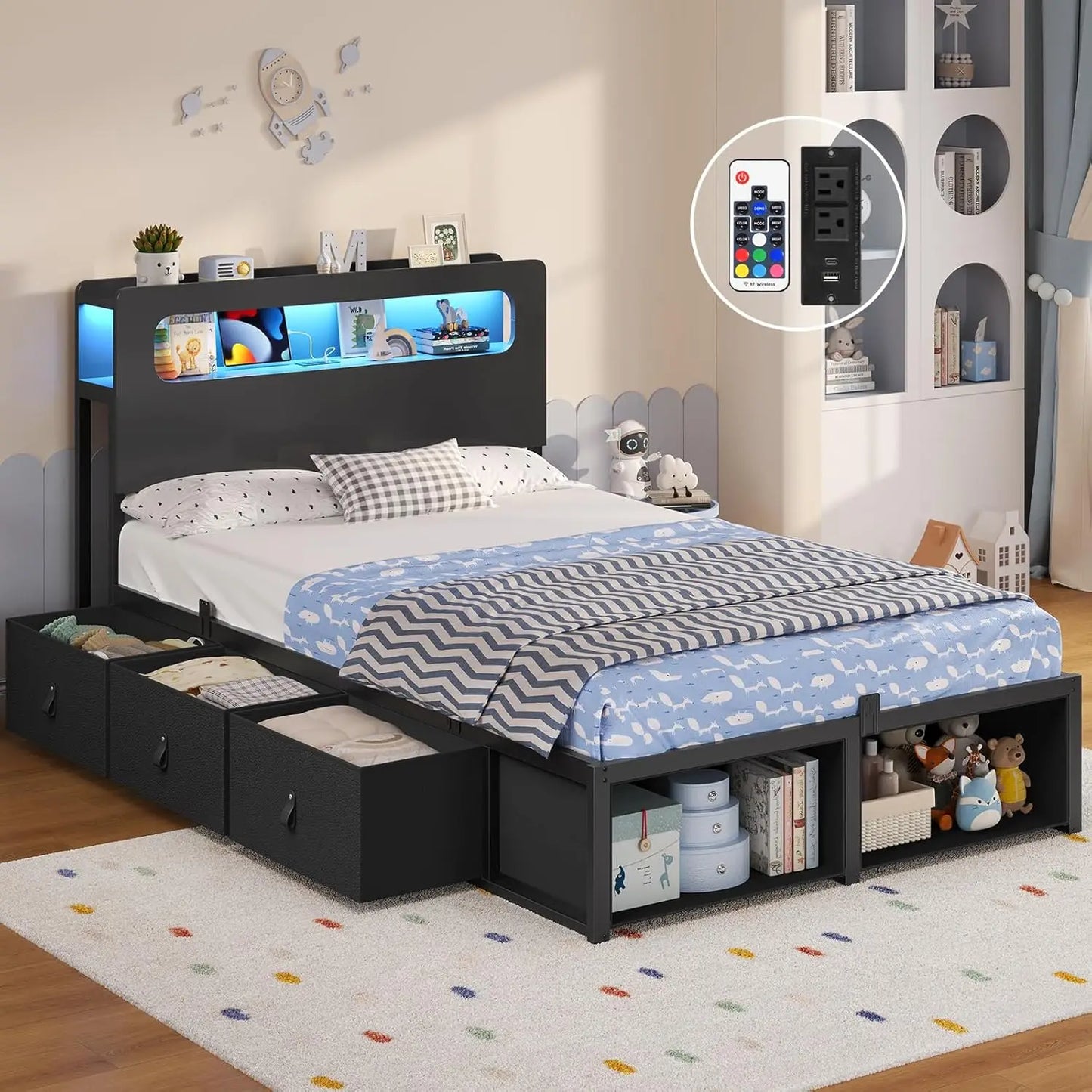 Twin Storage Bed Frame With 6 Drawers LED Headboard Outlets