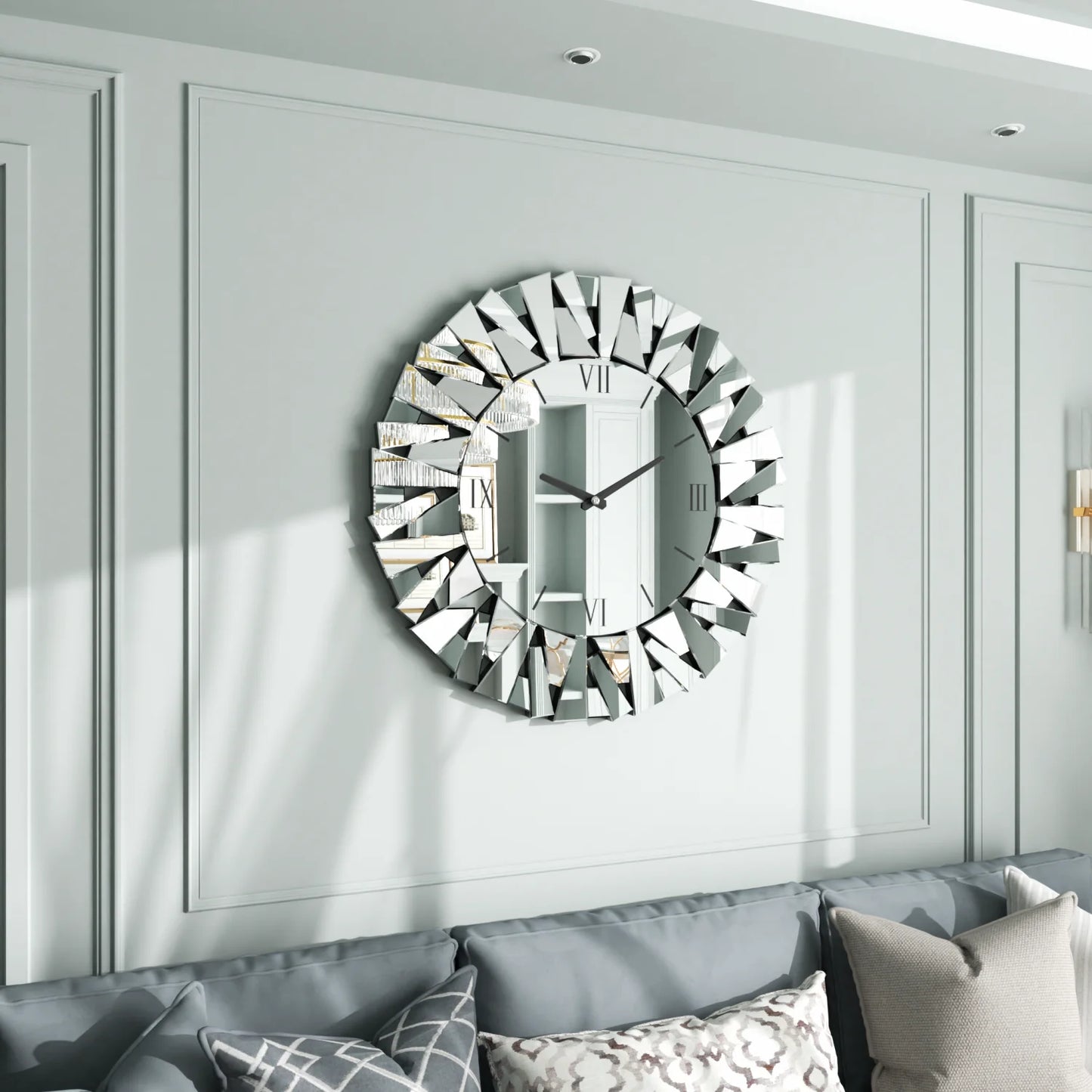 Wall Clock Round With Beveled Glass Edge And Mirrored Finish