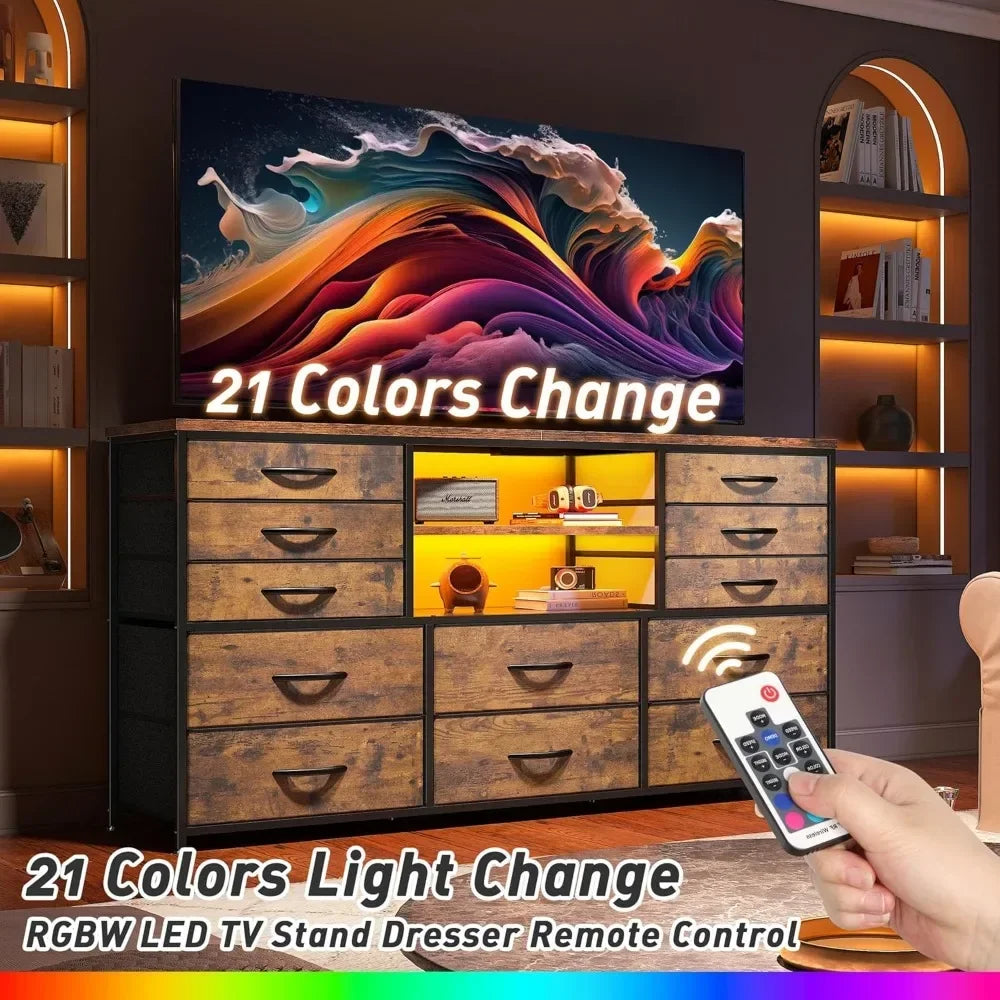 LED Light & Power Outlet Equipped 12-Drawer Dresser TV Stand for 60'' TV Bedroom Fabric Dressers  Chest for Storage Customized