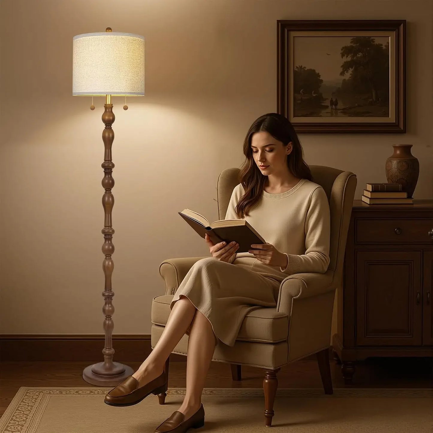 Natural Real Wood Floor Lamp With S Cluster Pull Chains