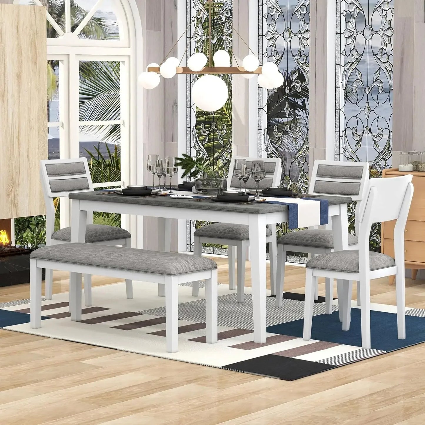 Solid Wood Dining Table Set for Six Bench and Chairs