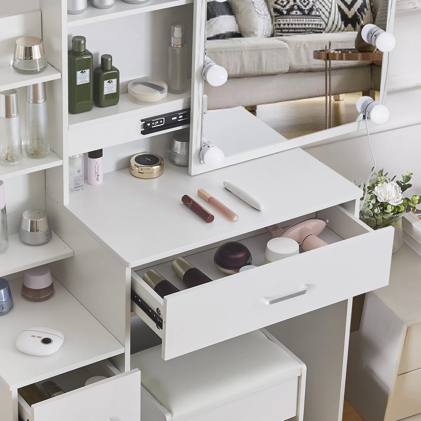 Yamissi LED Vanity Table With Sliding Mirror 4 Drawer Desk