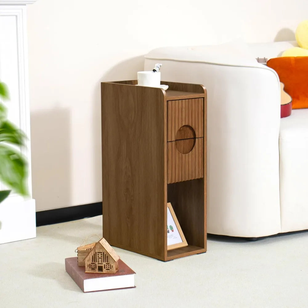 Jluomei Narrow Fluted Wooden Nightstand Two Drawer Bedside Table