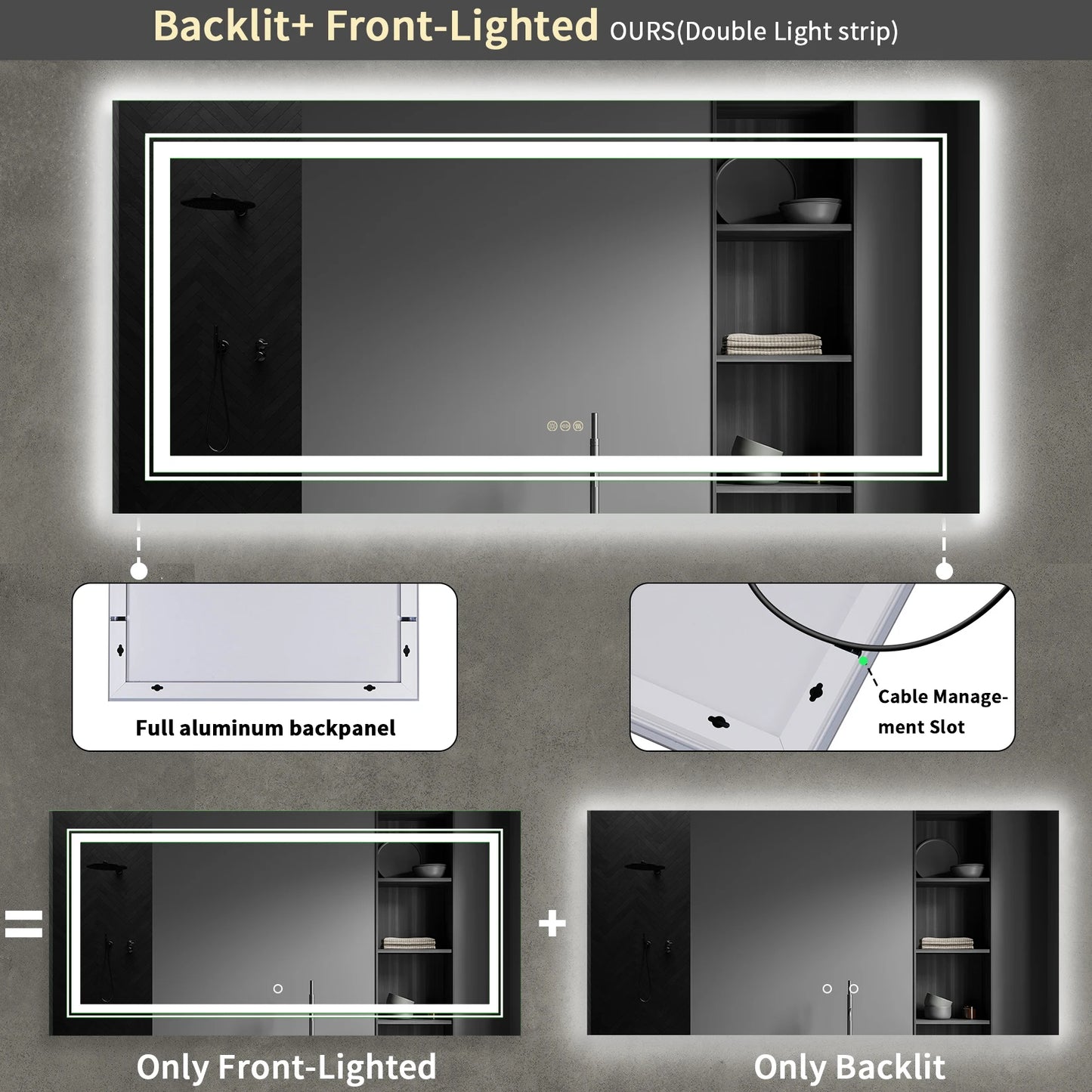 Wisfor LED Backlit Anti-Fog Bathroom Mirror With Front And Backlight