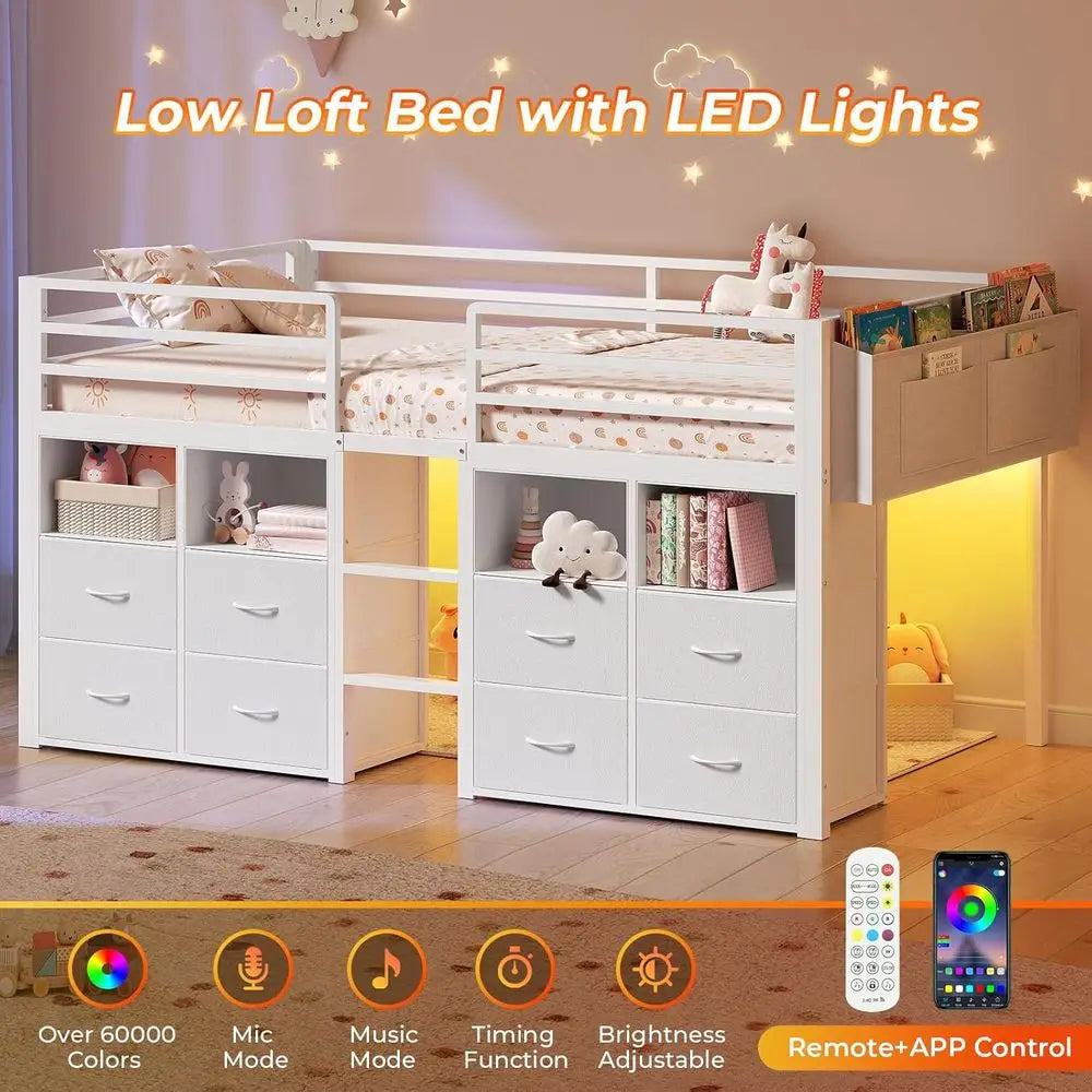 Storage Bed With 8 Drawers, Bookcase, LED Lights, Safety Rail
