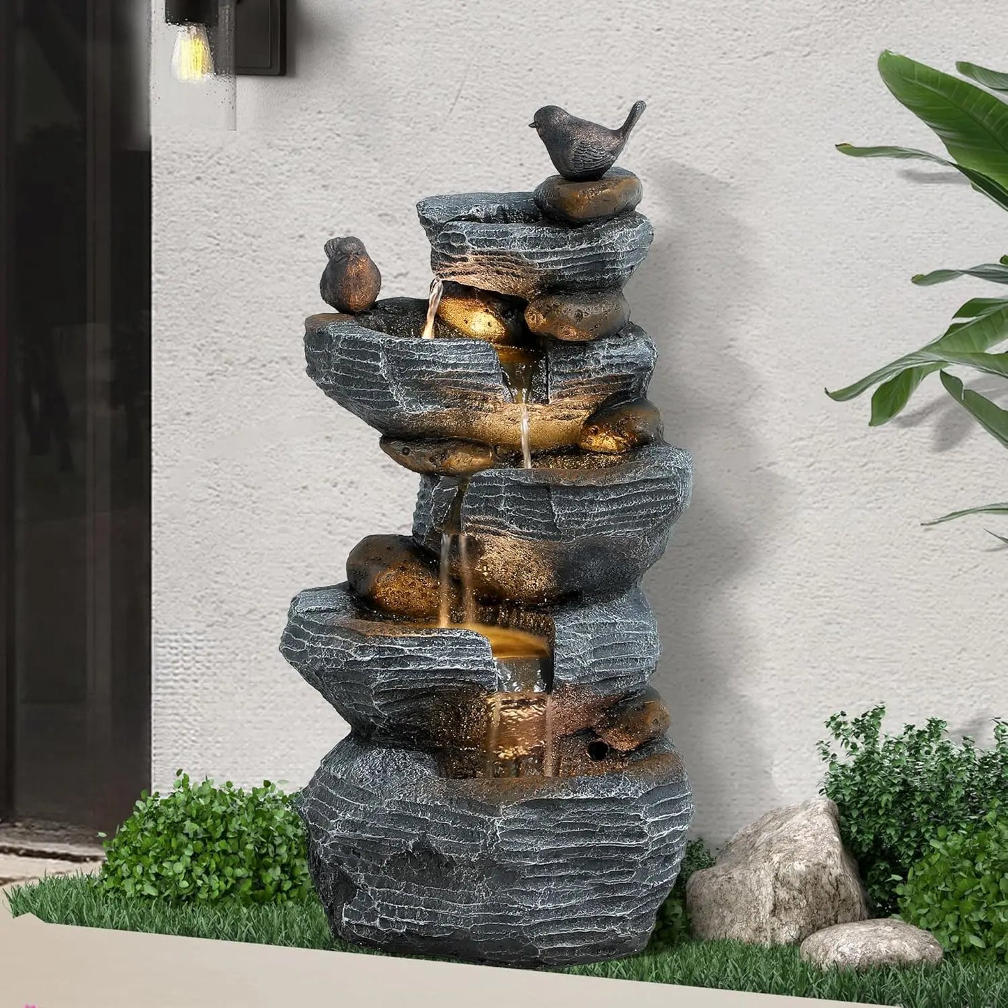 5-Tier Cascading Rock Water Fountain With LED Lights