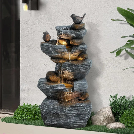 5-Tier Cascading Rock Water Fountain With LED Lights