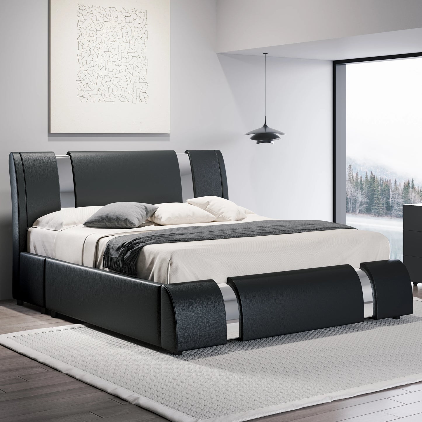 HOOMIC Modern Faux Leather Bed Frame With Iron Accents