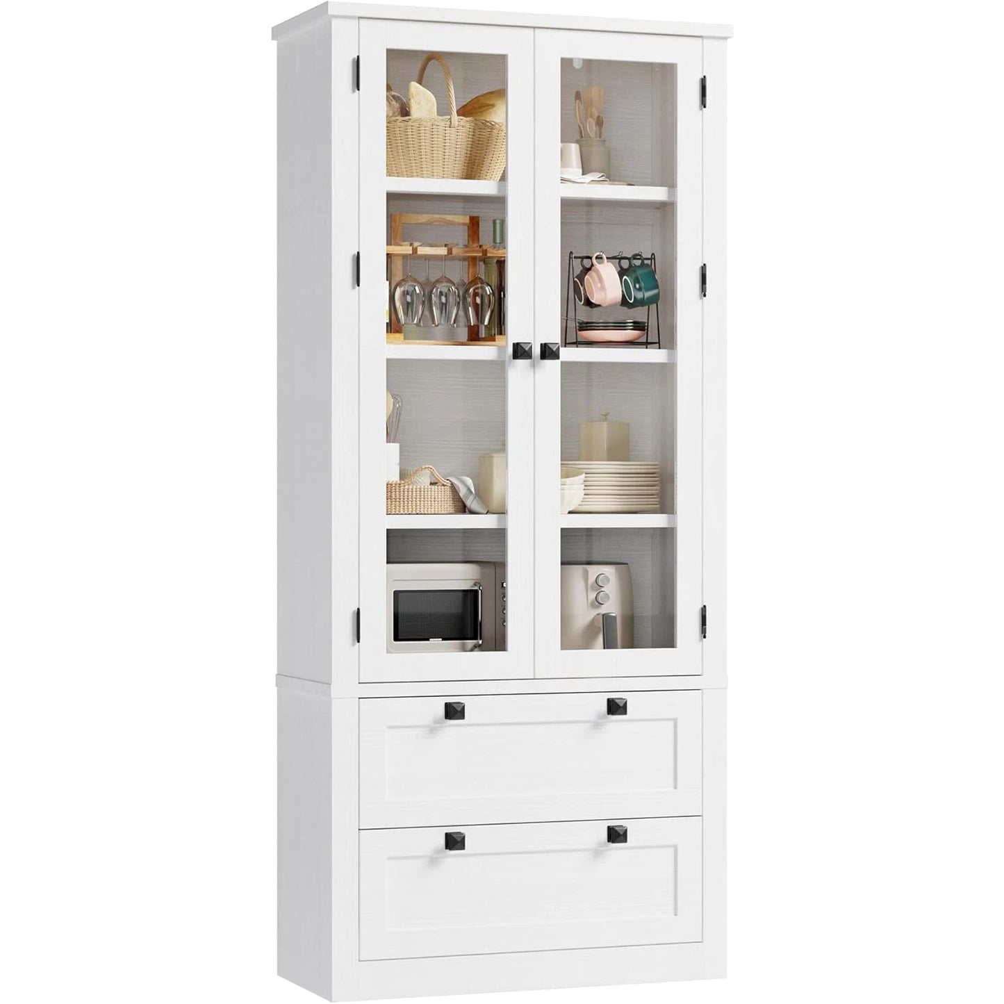 Modern Kitchen Pantry Cabinet with Glass Doors,72" Tall 2 Large Drawers,Adjustable Shelves,Durable MDF Storage Sideboard