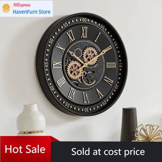 Moving Gears Roman Numeral Wall Clock For Farmhouse Decor