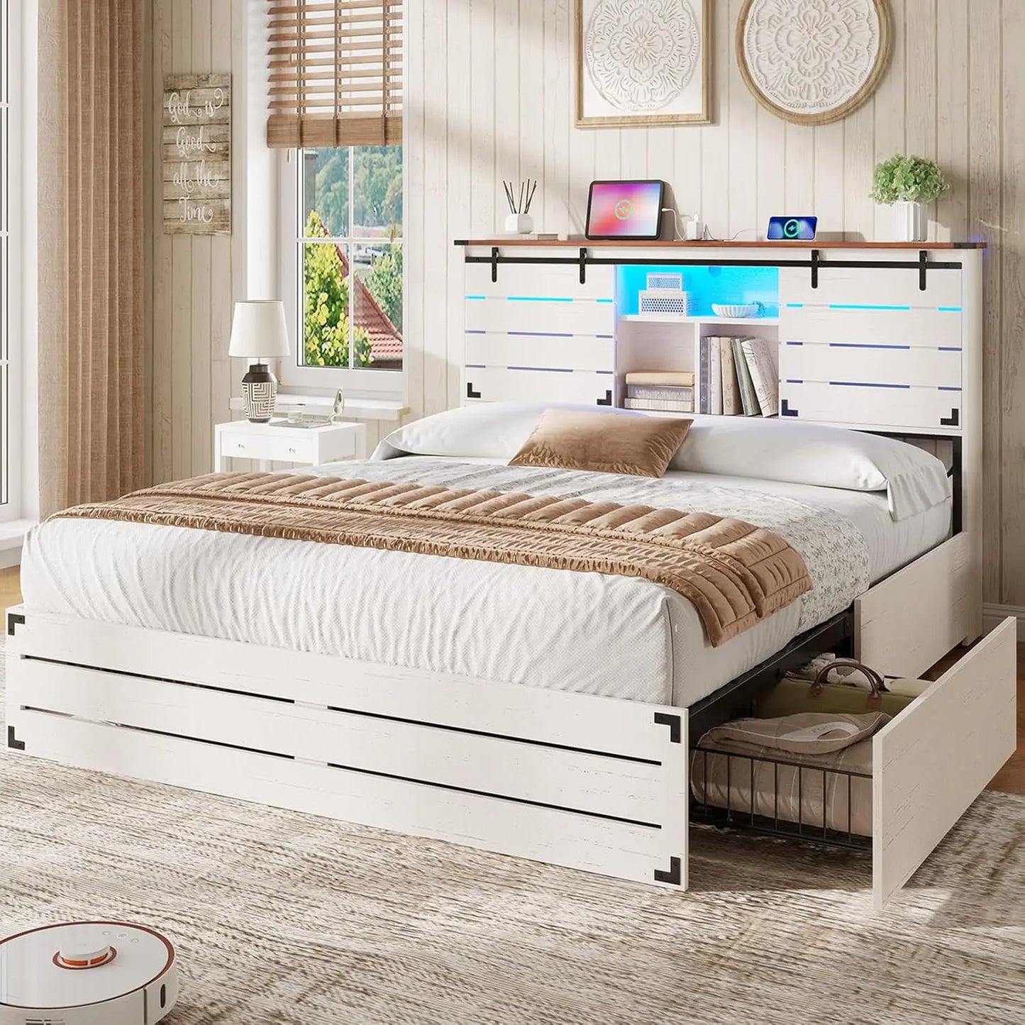 Wooden Bed Frame With Sliding Barn Doors And Charging Station