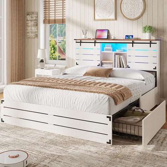 Wooden Bed Frame With Sliding Barn Doors And Charging Station