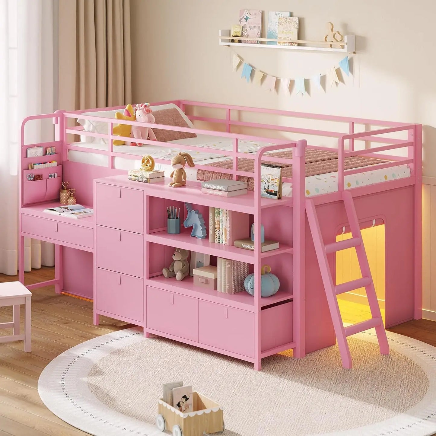 Kids Low Loft Bed With Desk Led Lights Storage Drawers